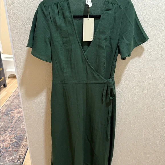 Pact Green Wrap Midi Crepe Dress with Flutter Sleeves